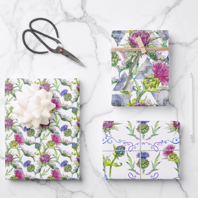 Watercolor Thistles Wrapping Paper Sheet (Front)