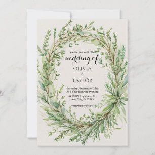 Watercolor Thyme Rosemary Sprig Wreath Wedding Invitation