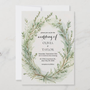 Watercolor Thyme Rosemary Sprig Wreath Wedding Invitation