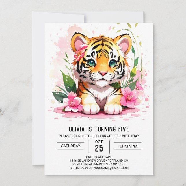 Watercolor Tiger Girl's Birthday Invitation (Front)