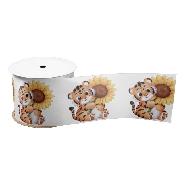 Watercolor Tiger Hugging a Sunflower Satin Ribbon (Spool)