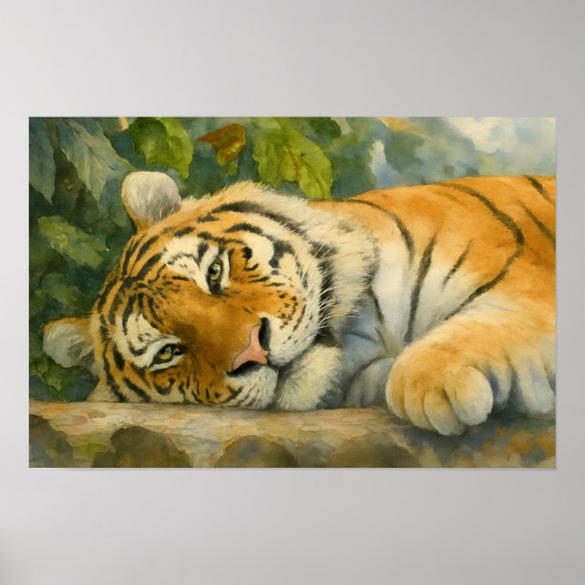 Watercolor Tiger Resting in Lush Greenery Poster (Front)