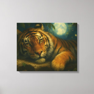 Watercolor Tiger Resting in Night Forest Canvas Print