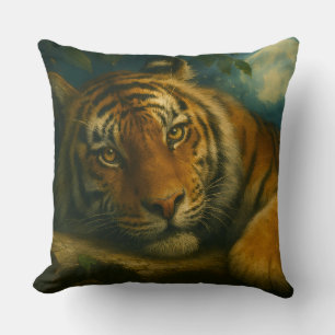 Watercolor Tiger Resting in Night Forest Cushion