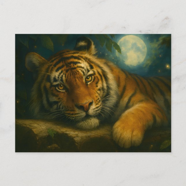 Watercolor Tiger Resting in Night Forest Postcard (Front)