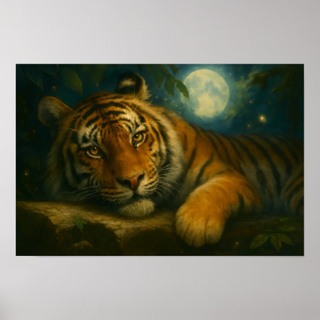 Watercolor Tiger Resting in Night Forest Poster (Front)