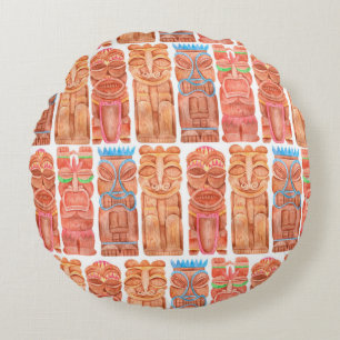 Watercolor tiki hawaii totem seamless pattern round cushion