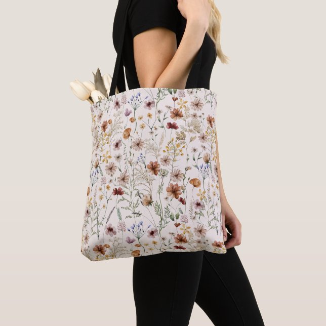 Watercolor Tiny Bloom Boho Floral Pattern Tote Bag (Close Up)