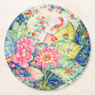 Watercolor Tobacco Leaf China Inspired  Round Paper Coaster