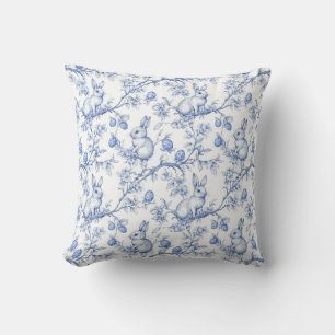 Watercolor Toile De Jouy Blue Easter Bunny Cushion