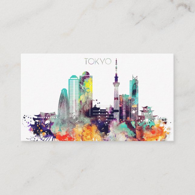 Watercolor Tokyo City Skyline Business Card (Front)