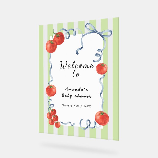 Watercolor Tomato Welcome to Baby Shower Acrylic Sign (Angle)