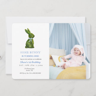 Watercolor Topiary Rabbit Baby boy Photo birthday Invitation