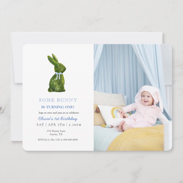 Watercolor Topiary Rabbit Baby boy Photo birthday Invitation (Front)