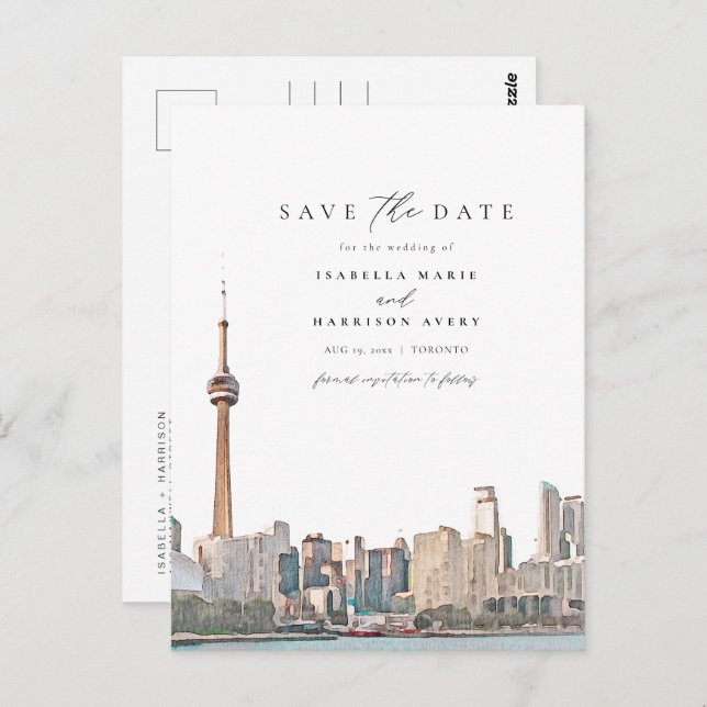 Watercolor Toronto Canada Skyline Save the Date Postcard (Front/Back)
