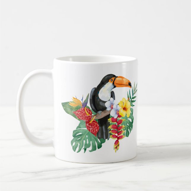 Watercolor Toucan and Tropical Flowers Coffee Mug (Left)