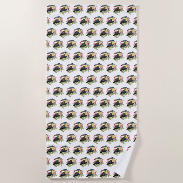 Watercolor Toucan Bird With Flowers Beach Towel (Front)
