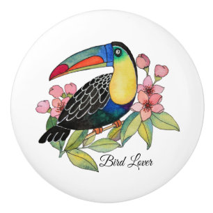 Watercolor Toucan Bird With Flowers Ceramic Knob