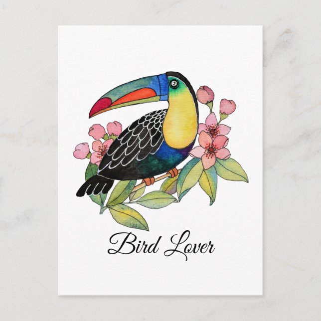 Watercolor Toucan Bird With Flowers Postcard (Front)