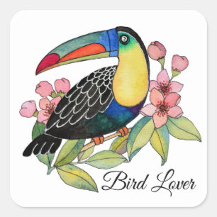 Watercolor Toucan Bird With Flowers Square Sticker