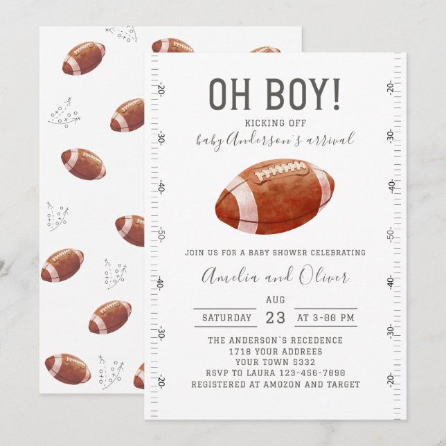 Watercolor touchdowns american football baby showe invitation (Front/Back)