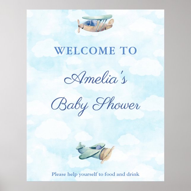 Watercolor Toy Plane Aviation Baby Shower Welcome Poster (Front)