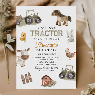 Watercolor Tractor 1st Birthday  Invitation