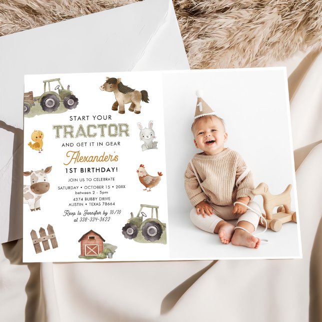 Watercolor Tractor 1st Birthday Photo Invitation (Creator Uploaded)