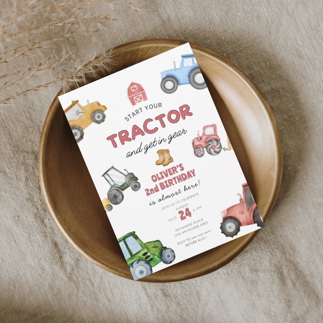 Watercolor tractor 2nd birthday invitation (Creator Uploaded)