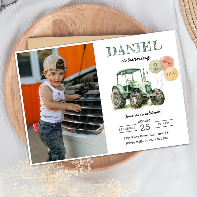 Watercolor Tractor 2nd Birthday Party Photo Invitation (Creator Uploaded)