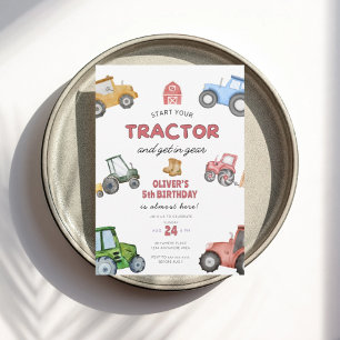 Watercolor tractor 5th birthday invitation