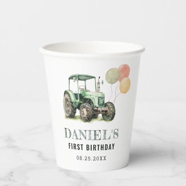 Watercolor Tractor Birthday Party Paper Cups (Front)