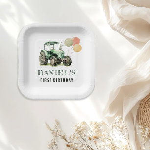 Watercolor Tractor Birthday Party Paper Plate