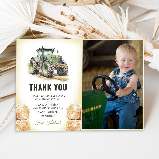 Watercolor Tractor Birthday Party Photo Thank You Card (Creator Uploaded)