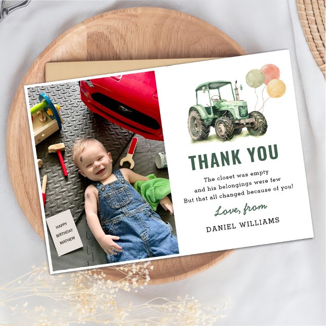 Watercolor Tractor Birthday Party Photo Thank You Card (Creator Uploaded)