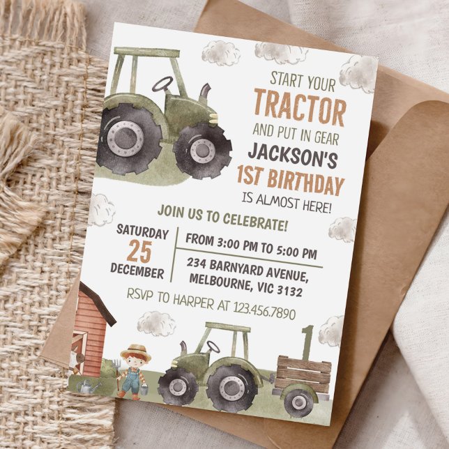 Watercolor Tractor Farm 1st Birthday Invitation (Creator Uploaded)