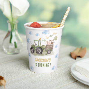 Watercolor Tractor Farm 1st Birthday Paper Cups