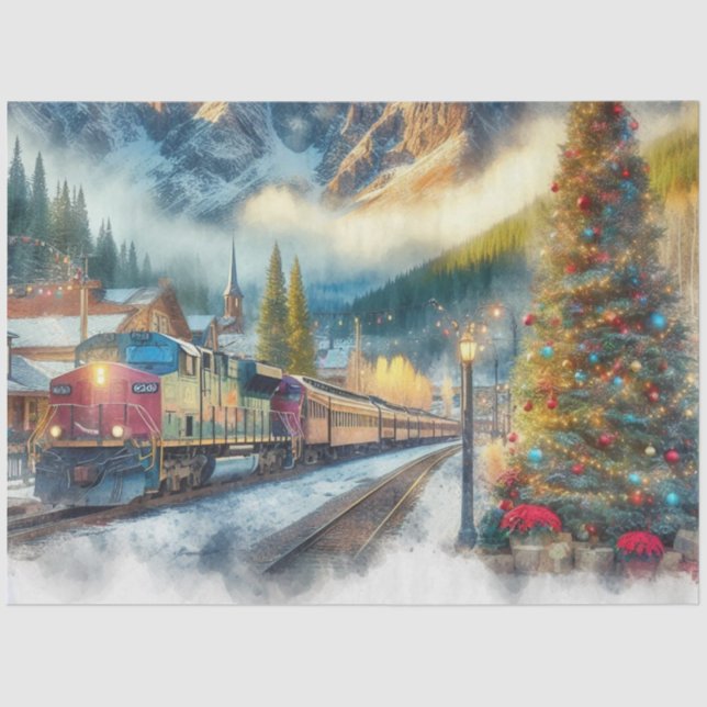 Watercolor Train and Christmas Tree Tissue Paper (Front)