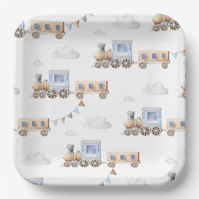 Watercolor Train Baby Shower Plates (Front)