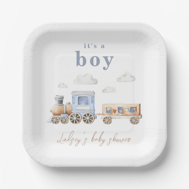 Watercolor Train Baby Shower Plates (Front)