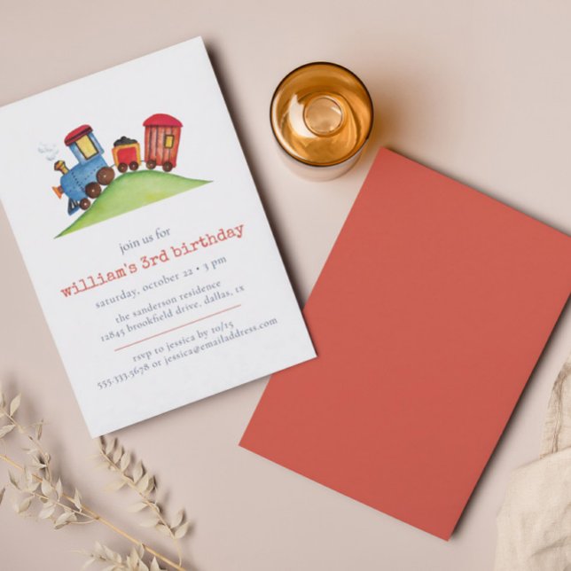 Watercolor Train Red Blue Pastel Birthday Invitation (Creator Uploaded)
