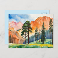 Watercolor Tranquil Mountains Springtime Scenery