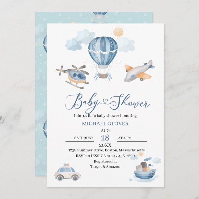 Watercolor Transport baby shower Invitation (Front/Back)