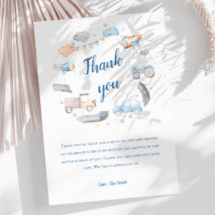 Watercolor Transportation Baby Shower Thank You Card
