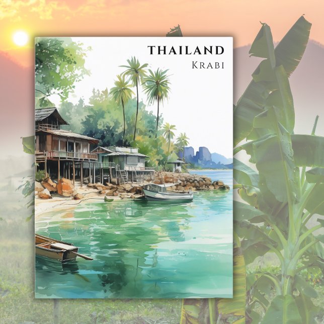 Watercolor Travel Beach Ocean Thailand Krabi Postcard (Creator Uploaded)