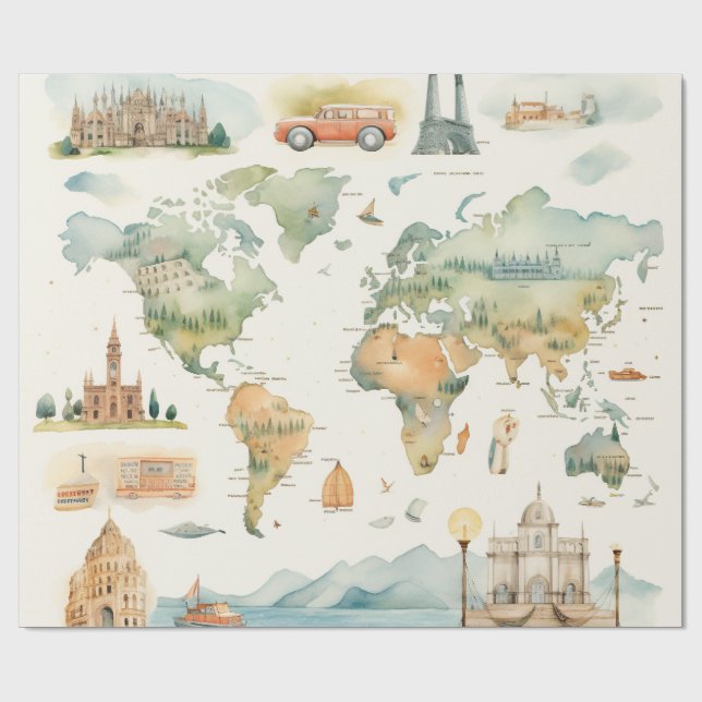 Watercolor Travel Map Wrapping Paper (Flat)