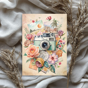 Watercolor travel retro camera old photos roses tissue paper