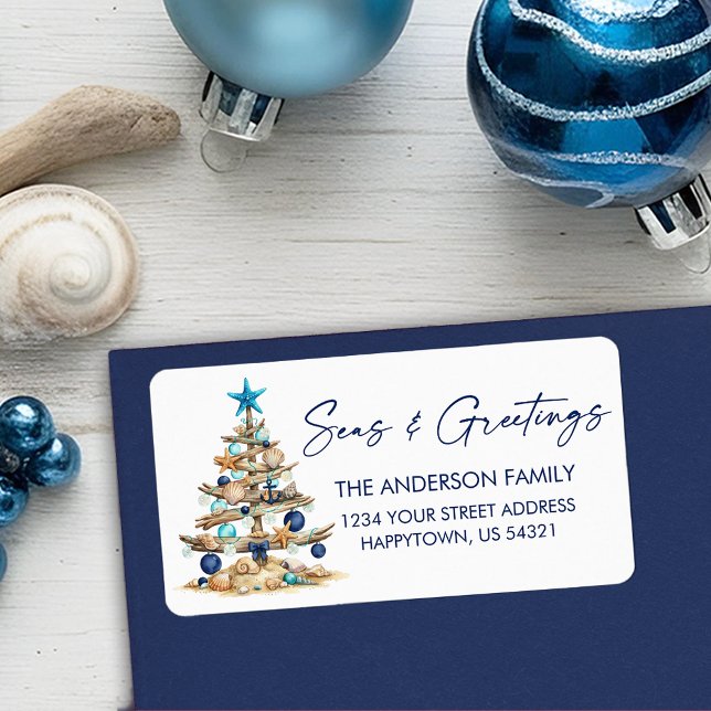 Watercolor Tree Beach Seas and Greetings Address Label (Customize to change your personalized text size or text style.)