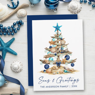 Watercolor Tree Coastal Seas and Greetings Blue Holiday Card