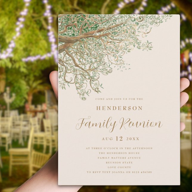 Watercolor Tree Family Reunion  Invitation (Watercolor tree branches family reunion invitation Brown beige green modern script summer party)